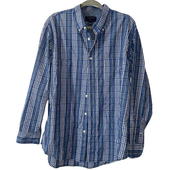 Saddlebred Mens Blue White Plaid Button-Down Shirt L Cotton/Polyester Long Sleev - Picture 1 of 7
